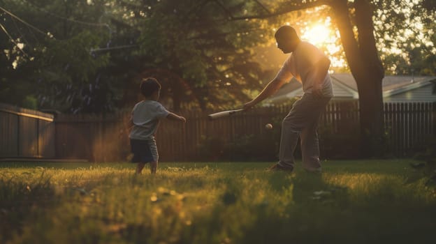 Man teaching young boy to hit baseball with bat in backyard