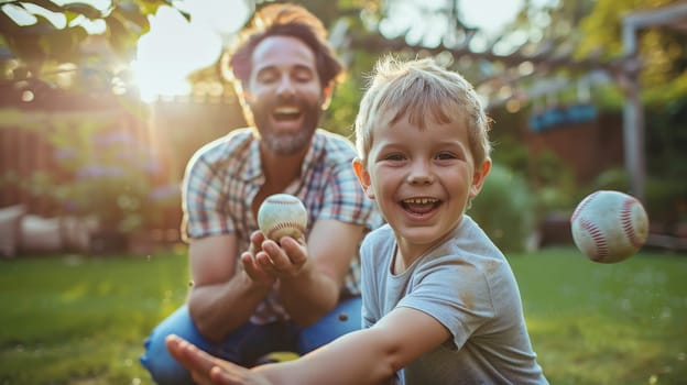 Joyful father and son playing baseball in a sunlit garden, sharing a moment of fun and bonding