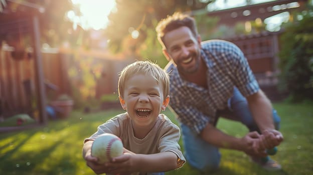 Joyful father and son playing baseball in a sunlit garden, sharing a moment of fun and bonding