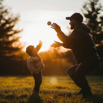 Child reaching to catch ball with man crouched nearby during sunset