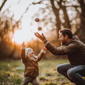 Father and toddler laughing together while juggling baseballs in a glowing sunset