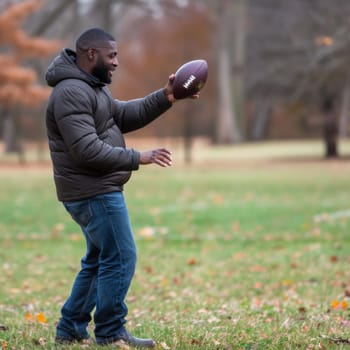 Man in a puffer jacket playfully throwing a football in a park with fall foliage