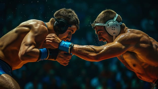 Wrestlers in mid-clash, with sweat highlighting the intensity of their battle
