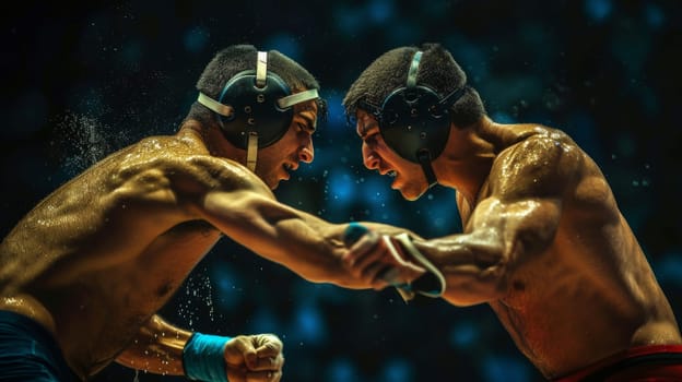 Wrestlers in mid-clash, with sweat highlighting the intensity of their battle