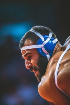 Wrestler with a determined expression, focused before the competition