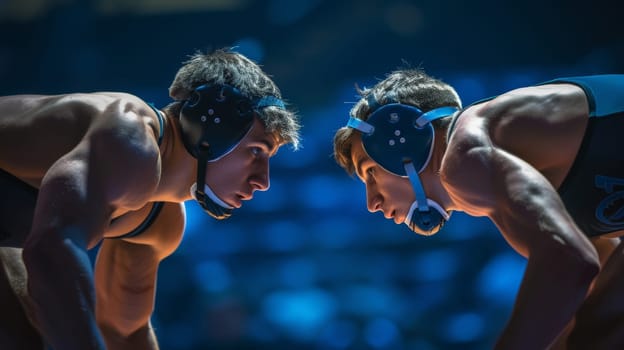 Close-up of two wrestlers in a tense moment, concentrating before the match begins