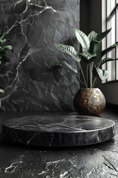 A houseplant in a flowerpot is placed on a sleek black marble table, adding a touch of greenery to the rooms decor against the dark backdrop