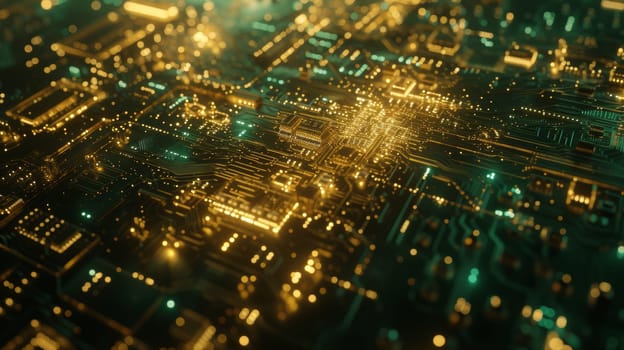 A detailed view of a circuit board with luminous connections and components