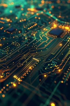 Macro shot of an intricate circuit board with complex golden pathways