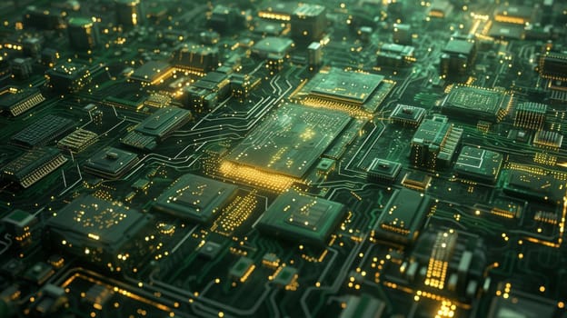 A detailed view of a circuit board with luminous connections and components