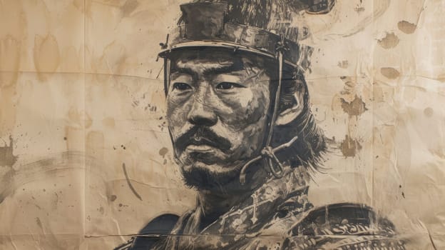 A stoic samurai depicted in worn battle garb, indicative of historical Japanese warrior culture