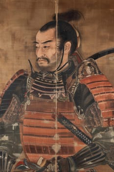 Detailed depiction of a samurai warrior in traditional armor, expressing stoicism and honor