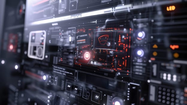 Close-up of a high-tech server rack with glowing red indicators and advanced components