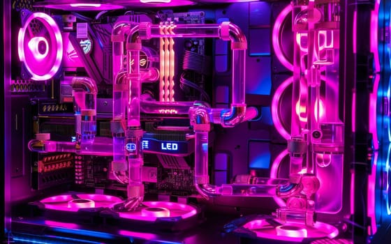 A dynamic view of a computer cooling system with vibrant pink and purple LED lights