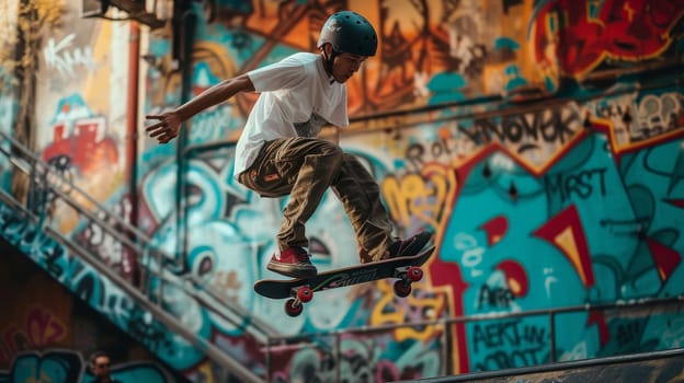 Young skateboarder performing a stunt in a graffiti-decorated skate park, embodying the spirit of street sports