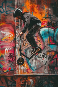 A scooter rider mid-air performing a trick against a colorful graffiti wall