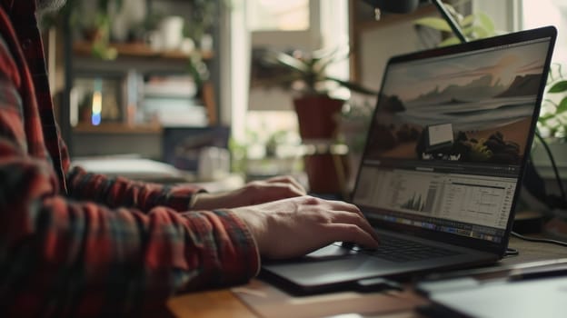 Person editing photos on a laptop with a graphic tablet in a cozy home environment