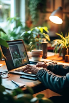 Cozy evening home office setting with a person typing on a laptop surrounded by plants