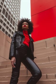 Confident woman in leather outfit posing on stairs with striking red background