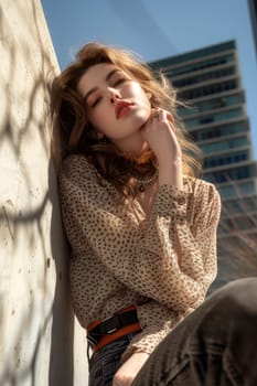Fashionable woman leaning against a wall in sunlight with a chic bohemian outfit