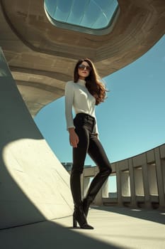 Elegant woman in a white top and black pants standing in a modern architectural setting