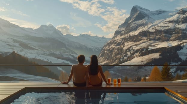 Couple enjoying a serene mountain view from an infinity pool in a snowy landscape
