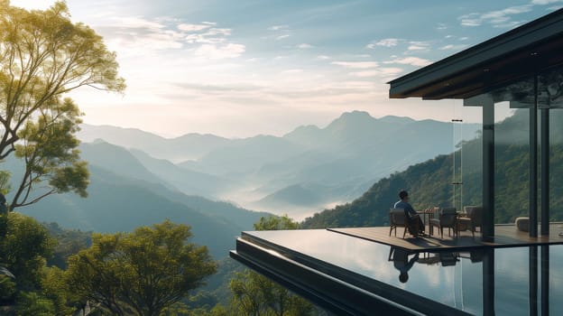 Individual enjoying a solitary breakfast with a stunning view of misty mountain peaks
