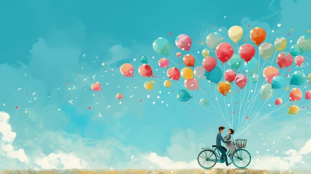 Couple on a bicycle lifted by colorful balloons, evoking whimsy and adventure in a watercolor scene