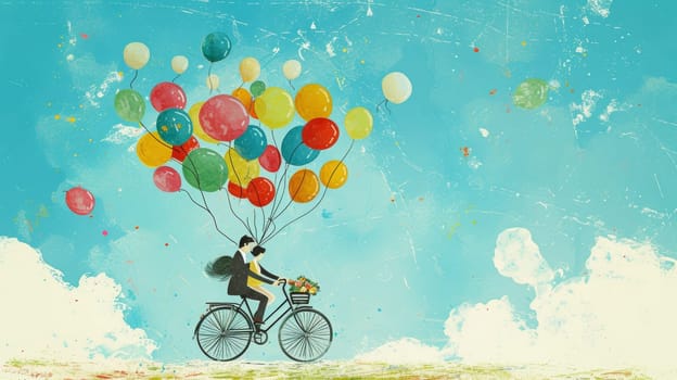 Couple on a bicycle lifted by colorful balloons, evoking whimsy and adventure in a watercolor scene