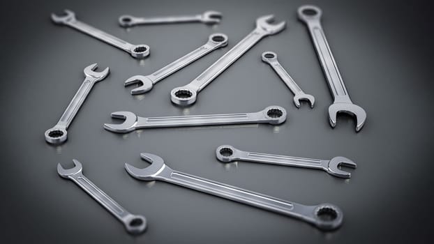 Set of wrenches standing on gray background. 3D illustration.