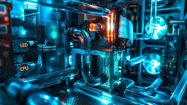 A computer with neon blue liquid cooling pipes and illuminated hardware