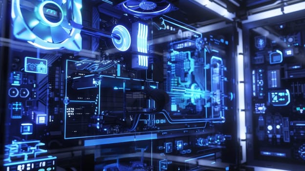 A computer with neon blue liquid cooling pipes and illuminated hardware