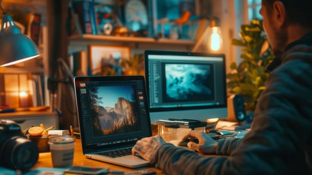 Tranquil workspace with a laptop displaying a serene nature image during golden hour