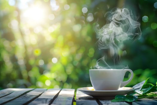 Hot coffee cup on table with green nature background. Relax time concept.