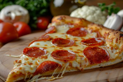 Close up of delicious pepperoni pizza slice over wooden table.