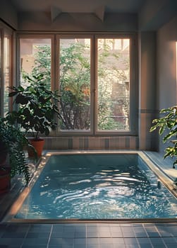 A rectangular swimming pool sits inside a room with plants, wood floors, and a window, creating a peaceful oasis in a residential area