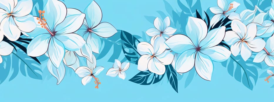 Banner: Seamless pattern with blue hibiscus flowers and palm leaves