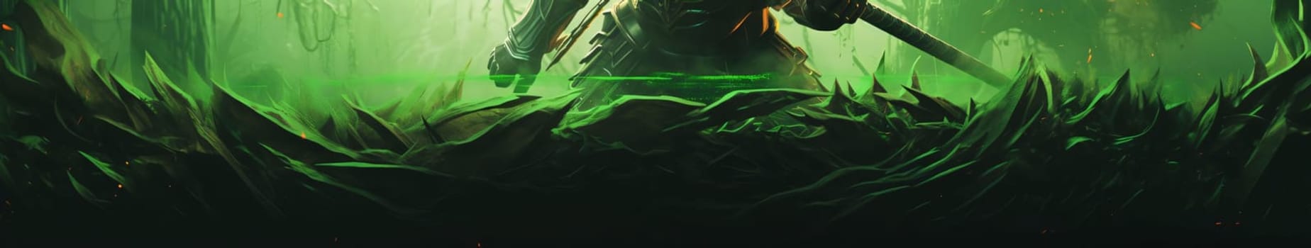 Banner: Horror background. Monster in the green forest. Halloween banner.