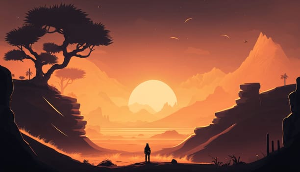 Banner: Fantasy landscape with a silhouette of a man standing on the shore of a lake at sunset.