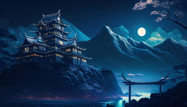 Banner: Chinese temple at night with full moon in the sky. 3D rendering