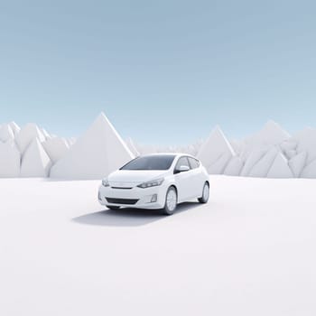 Banner: Car in snowy mountains. 3D rendering. White car on snow