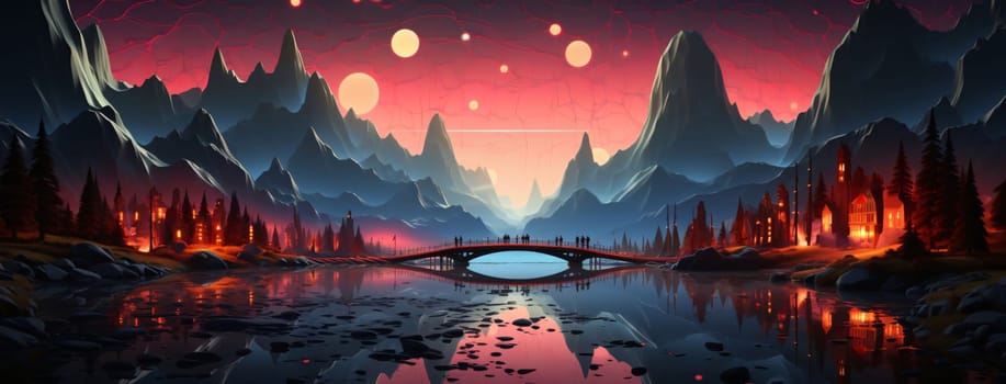 Banner: Fantasy landscape with mountains, river and bridge. Vector illustration.