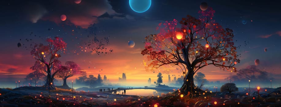 Banner: Fantasy landscape with big tree and city at night. 3d illustration