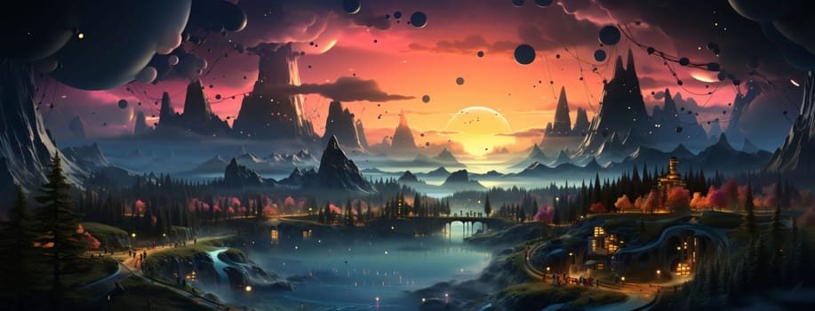 Banner: Fantasy alien planet. Mountain and lake. 3D illustration.