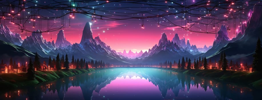 Banner: Mountain landscape with lake and forest at night. Vector illustration.