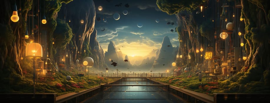 Banner: Fantasy landscape with fantasy city and moonlight. 3d rendering