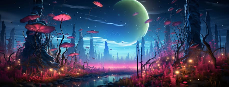 Banner: Fantasy landscape with a fantastic alien planet. 3D illustration.