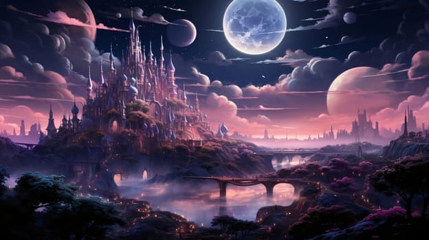 Banner: Fantasy landscape with fantasy city and moon. 3D illustration.