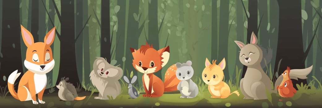 Banner: Cute cartoon animals in the forest. Vector illustration for your design