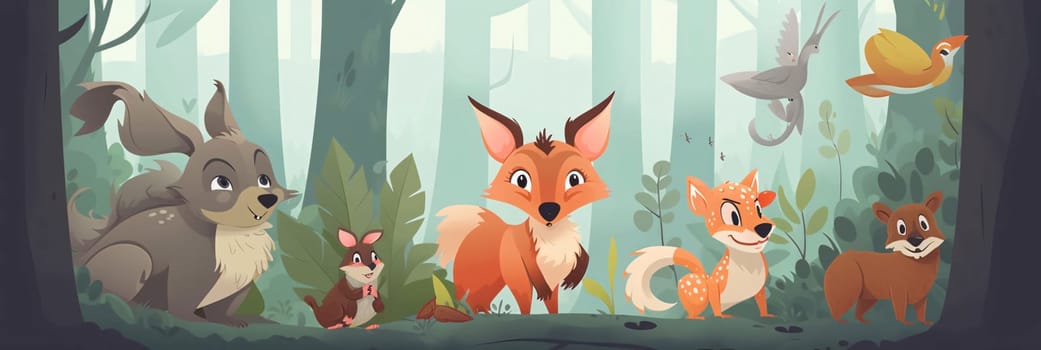 Banner: Cute cartoon animals in forest vector illustration. Cartoon forest animals.